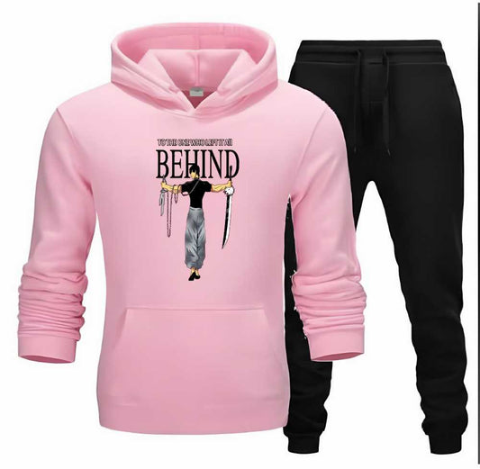 Track Suit -NEW ARRIVAL Stylish Tag Line To The One Who Left It All Behind Prined Tracksuit Thick & Fleece Fabric Full Sleeves Rib Pink Hoodie & Black Trouser Trendy Fashion Wear Workout Gym Wear Winter Elegant Track Suit for _Women & Mens
