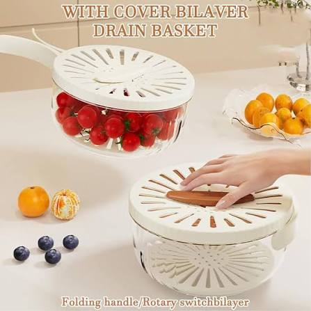 Fruit & Vegetable Drain Basket | Fruit Washing Basket With Lid Portable | Kitchen Storage Box and Container
