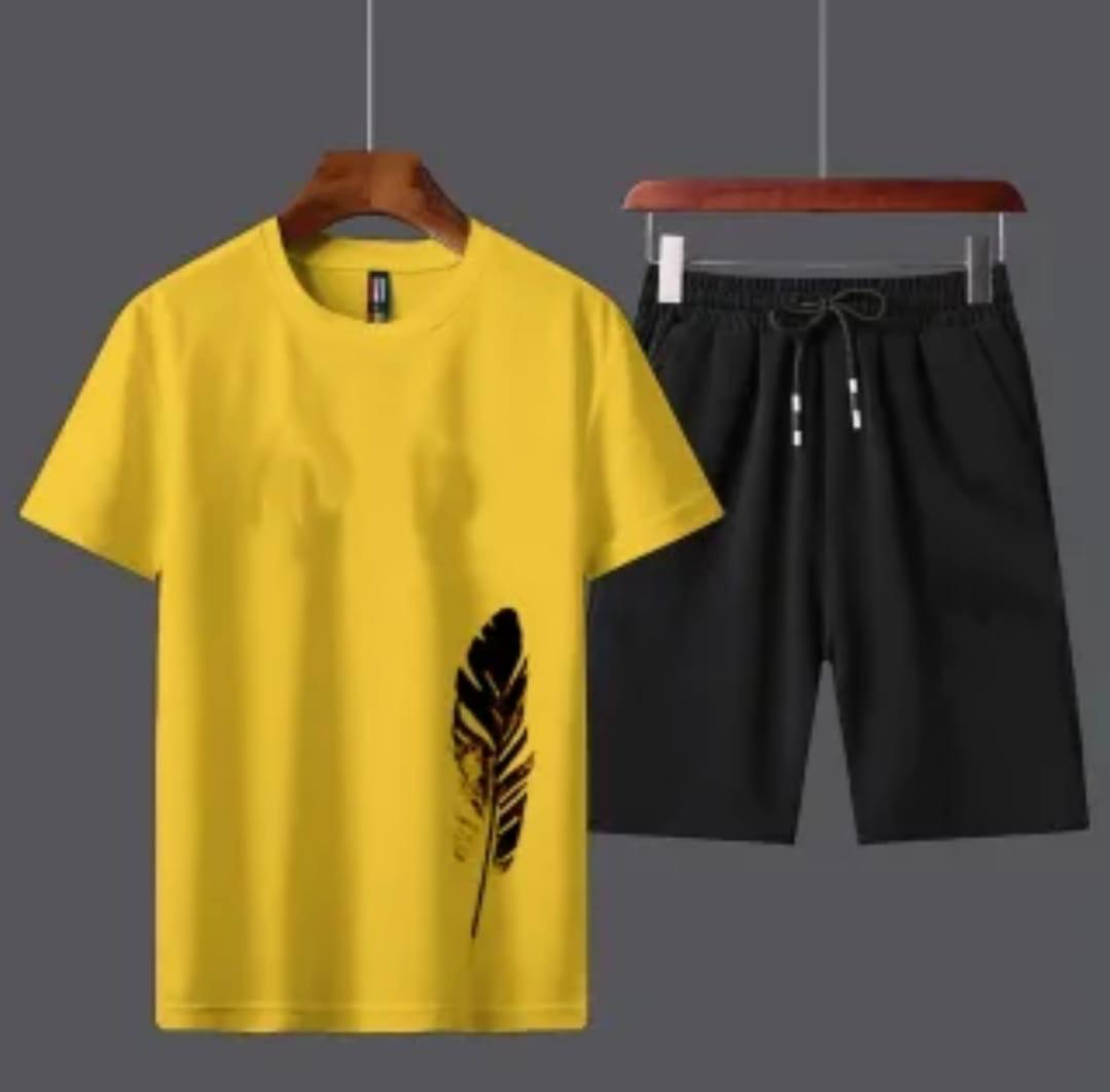 Trendy Dumble Printed Round Neck Half Sleeves Casual Tracksuit Amazing And Trendy Yellow T Shirt And Black Shorts for men n boys Gym Part Shirt And Jogging Track Suit